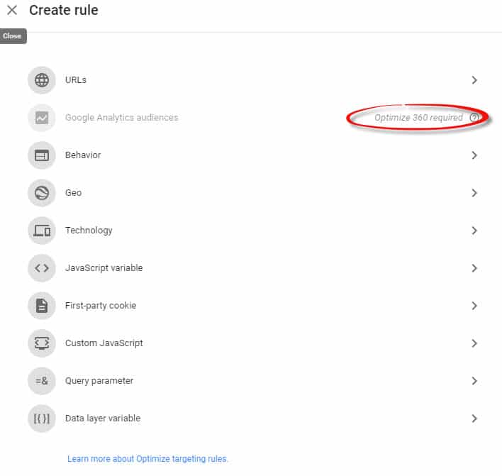 Die Targeting-Möglichkeiten von Google Optimize: Analytics Zielgruppen/Audiences gibt es nur für 360 Kunden Die Targeting-Möglichkeiten von Google Optimize: Analytics Zielgruppen/Audiences gibt es nur für 360 Kunden